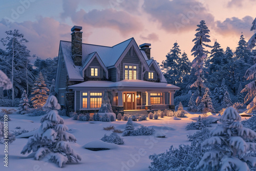 A 3D visualization of a Cape Cod craftsman house during a snowy winter in Canada, with warm lights glowing from windows and a backdrop of snow-covered pines.