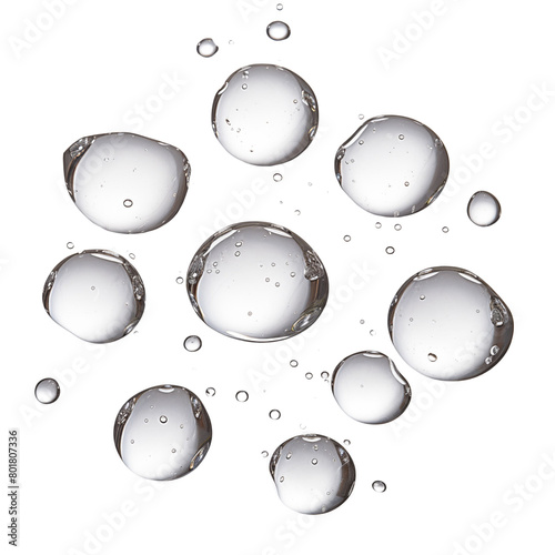Crystal clear water droplets suspended in air with reflective surfaces and tiny bubbles, against a transparent background. Generative AI