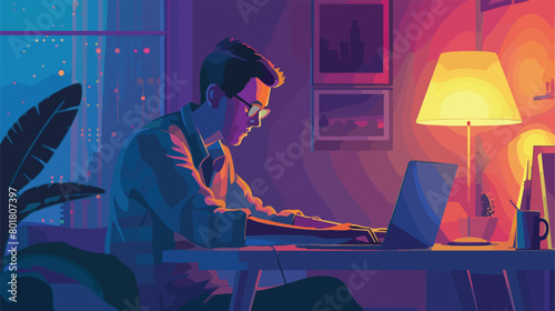 Young man using laptop at home late in evening Vector