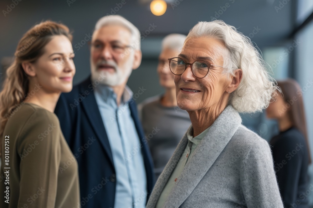 Portrait of smiling senior woman in eyeglasses looking at camera with her family in background Portrait of smiling senior woman in eyeglasses looking at camera with her family in background