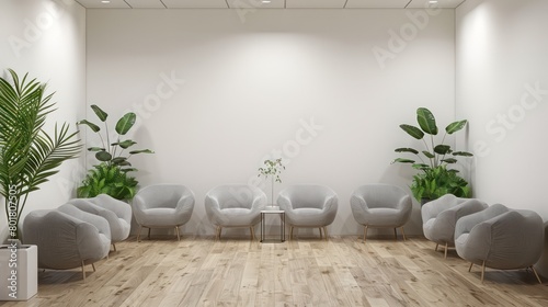 doctor's office waiting room with a white wall, some soft gray chairs, oak flooring photo