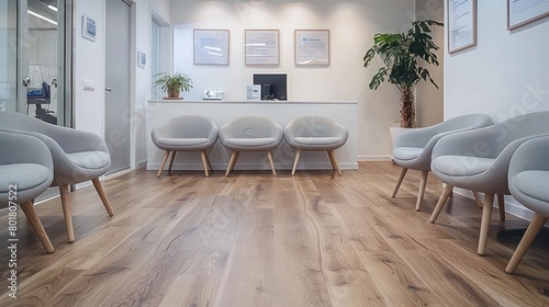 doctor's office waiting room with a white wall, some soft gray chairs, oak flooring