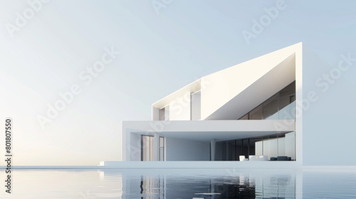 A modern, minimalist house with sharp geometric lines reflected in the still waters under a clear sky.