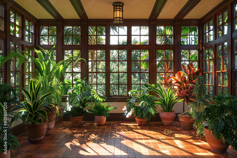 The sunroom of a craftsman house, with walls of windows, terracotta floor tiles, and a variety of tropical plants creating a bright, airy space for relaxation. The sunroom of a craftsman house, with walls of windows, terracotta floor tiles, and a variety of tropical plants creating a bright, airy space for relaxation.