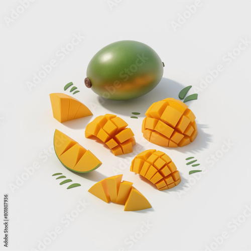 Playful 3d render illustration of a whole mango and cut pieces
