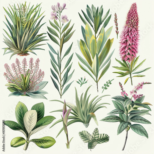 Artistic gallery of plants from around the world, portrayed in pastel watercolors and clipart format for visual appeal photo