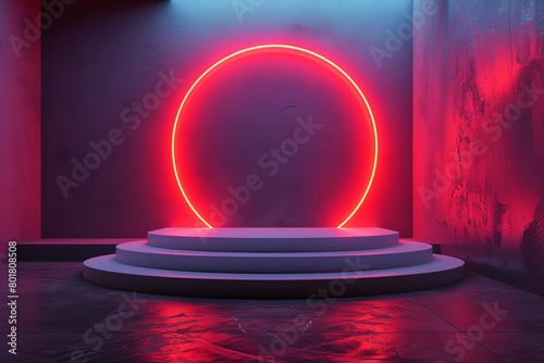 Abstract vector rendering 3d shape for products display presentation Modern white and grey cube pedestal podium with empty room and circular neon background Minimal wall scene