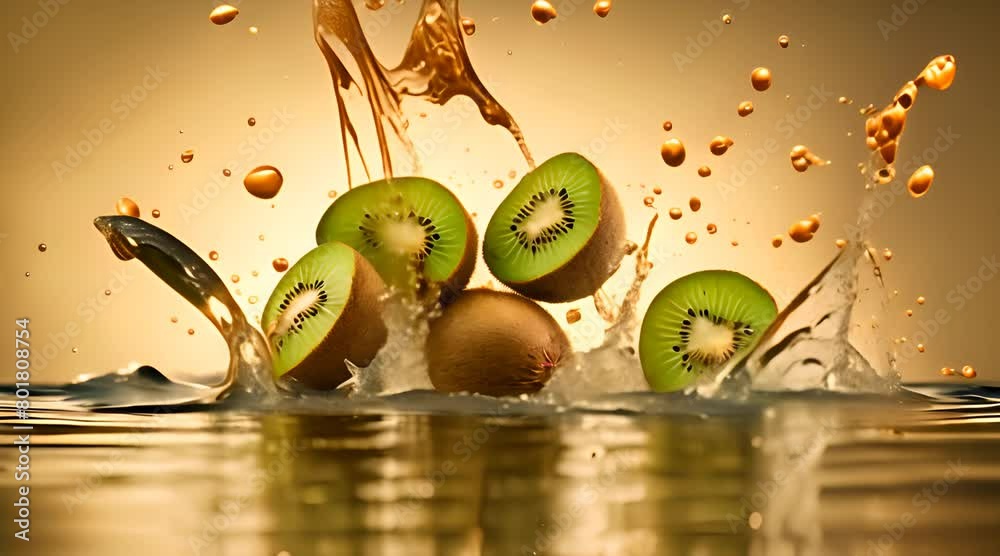 kiwi fruit falls in the water. advertising of fruit flavored drinks