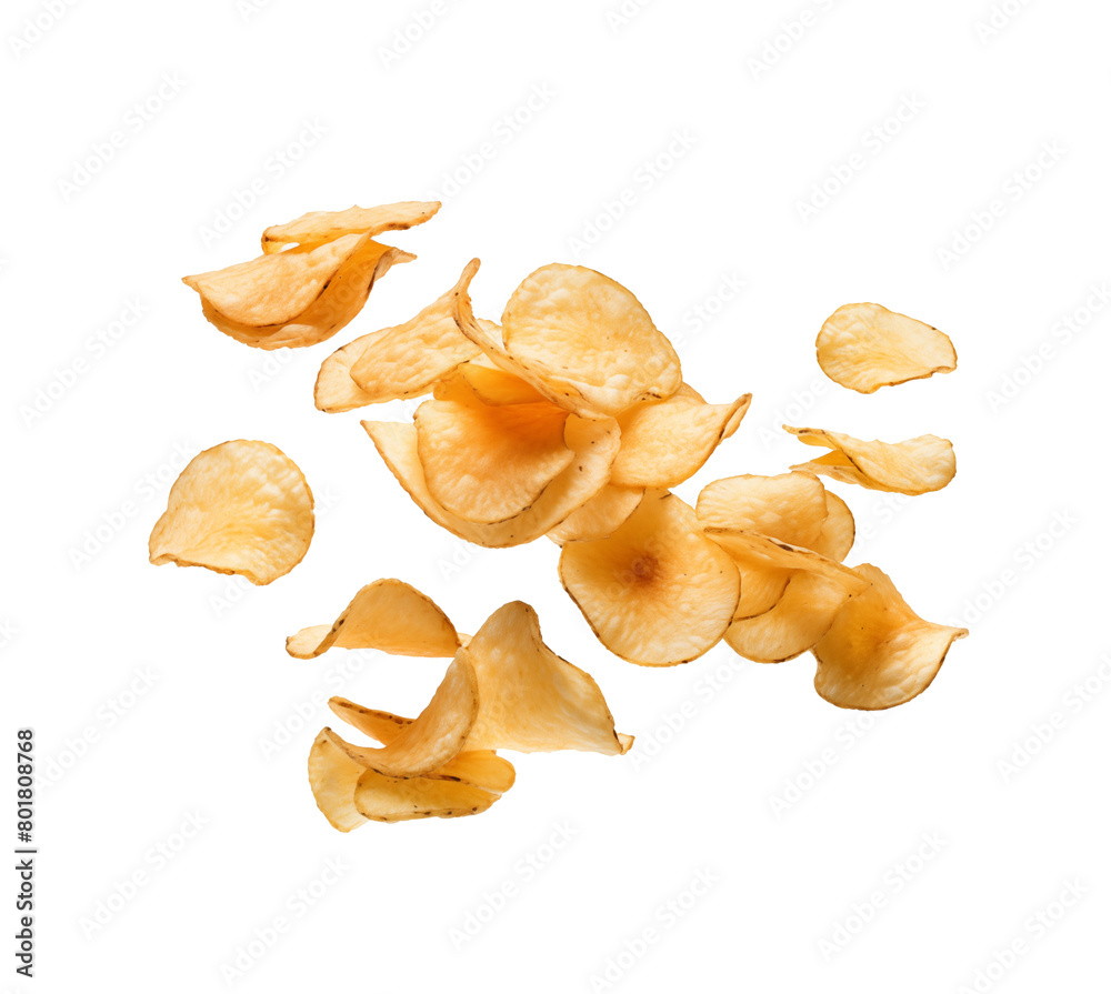 Thinly sliced potato chips scattered in the air, capturing the essence of a light, crunchy snack, isolated on transparent background. Generative AI Thinly sliced potato chips scattered in the air, capturing the essence of a light, crunchy snack, isolated on transparent background. Generative AI