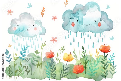 A kawaii watercolor painting of a smiling cloud raining gentle spring showers over a colorful garden, Clipart minimal watercolor isolated on white background © Watercolor_Kawaii