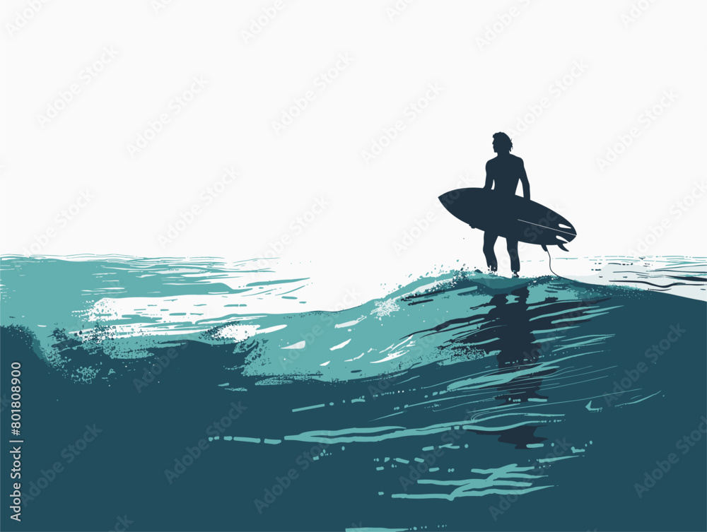 Surfer's Vigil: The Patient Pursuit of the Perfect Wave in a Vibrant Animated Tapestry