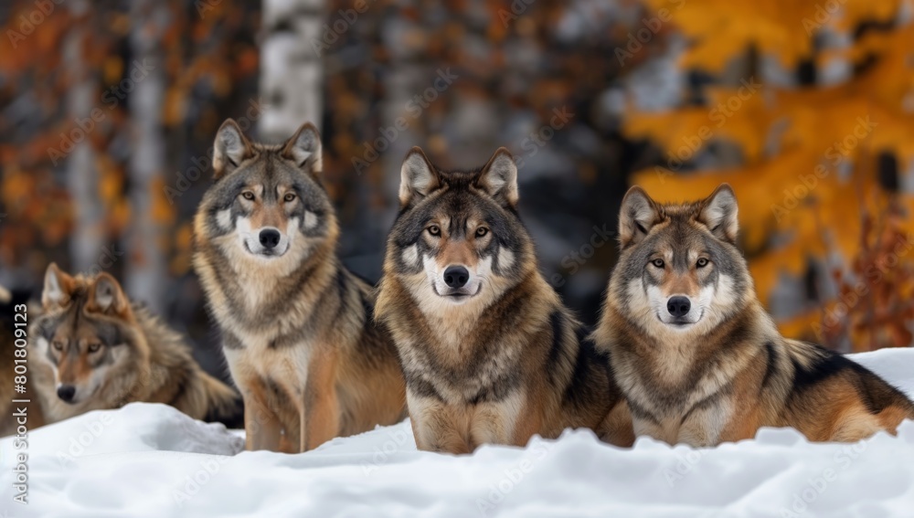 Naklejka premium Four wolves resting on snow-covered ground in an autumn forest with orange foliage blending winter and fall into a mesmerizing wildlife scene of strength and unity