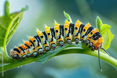 A close shot of beautiful caterpillar of swallowtail Monarch larvae among nature with a blurry backdrop and space for text, Generative AI. © Electric Wolf