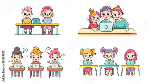 set of  cartoon  kids learning online