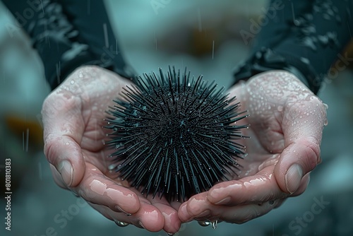 A hand holding sea urchin a close shot with blurry backdrop and space for text or product advertisement, Generative AI.