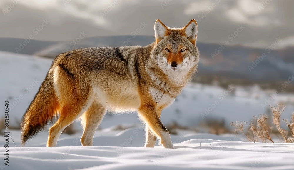 Naklejka premium A gray wolf, a wild canine predator with thick fur, stands alert in a snowy winter landscape