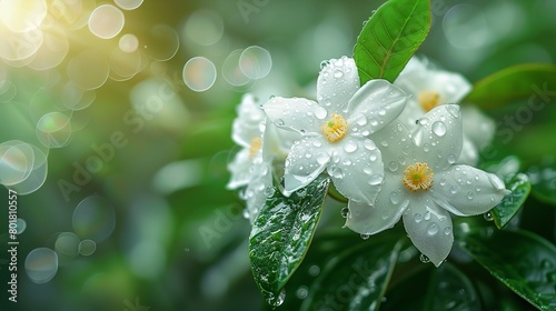 Jasmine blossoms in an idyllic atmosphere with raindrops flowing and the sun gleaming neat shot after rain lovely blooms and space, Generative AI.