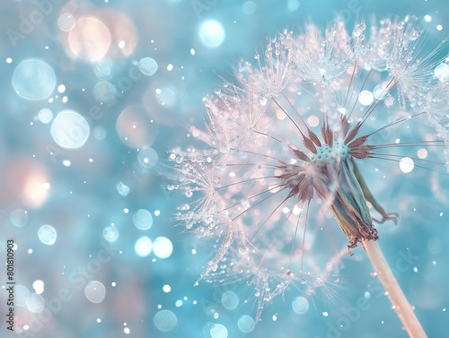 A delicate dandelion covered in sparkling dewdrops with a soft, bokeh blue background evoking a tranquil mood.