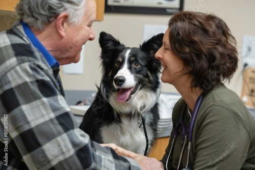 vet giving advice to the dog's owner on how to maintain the dog's health and well-being. © NURULAINAA