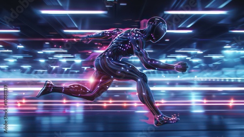 humanoid figure in dynamic motion, agility and strength, futuristic backdrop advanced nature photo