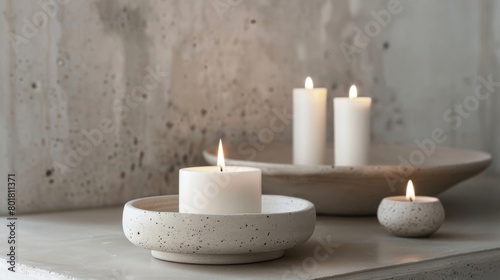The white candles seem to amplify the raw and natural beauty of the concrete holders highlighting their unique imperfections. 2d flat cartoon.