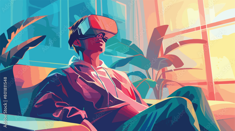 Young man with virtual reality glasses at home Vector
