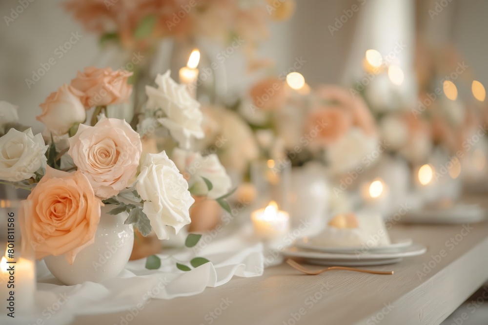 table set for an elegant wedding, featuring white and pastel roses in vases on the head table with candles, creating soft lighting. table set for an elegant wedding, featuring white and pastel roses in vases on the head table with candles, creating soft lighting.