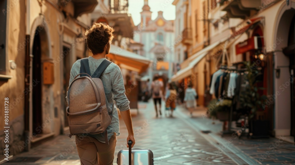 Obraz premium Solo Traveler with Suitcase Exploring European Street