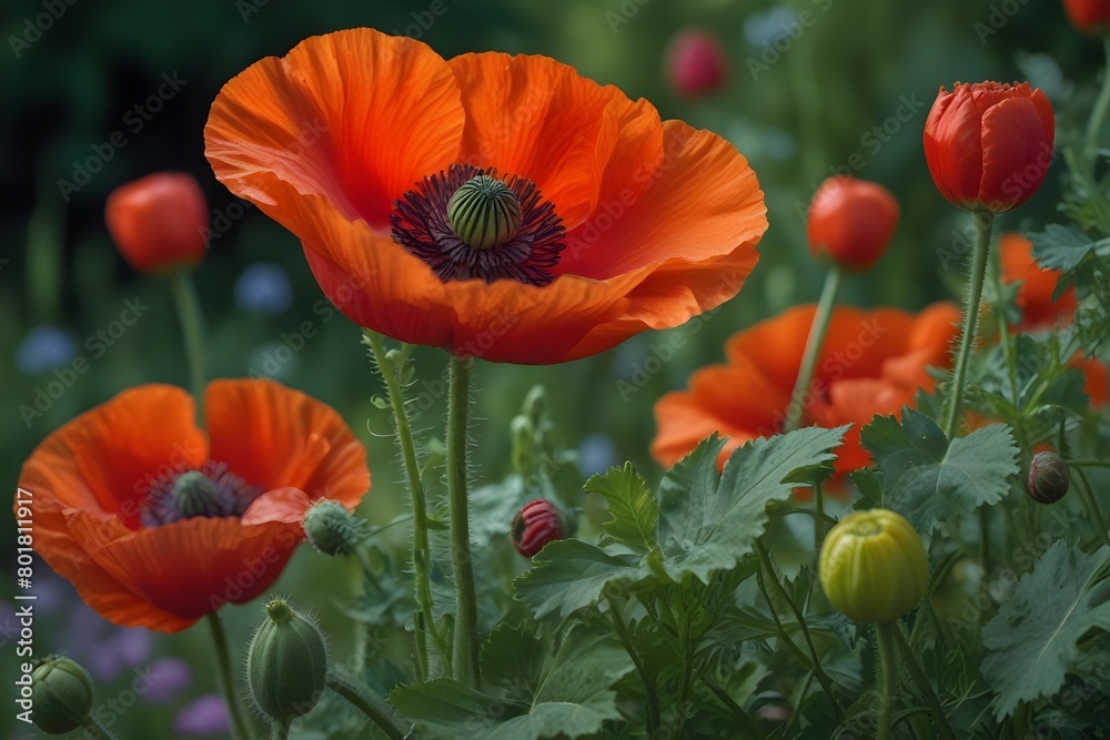 Wind Poppy flowers against a lush green garden background Wind Poppy flowers against a lush green garden background