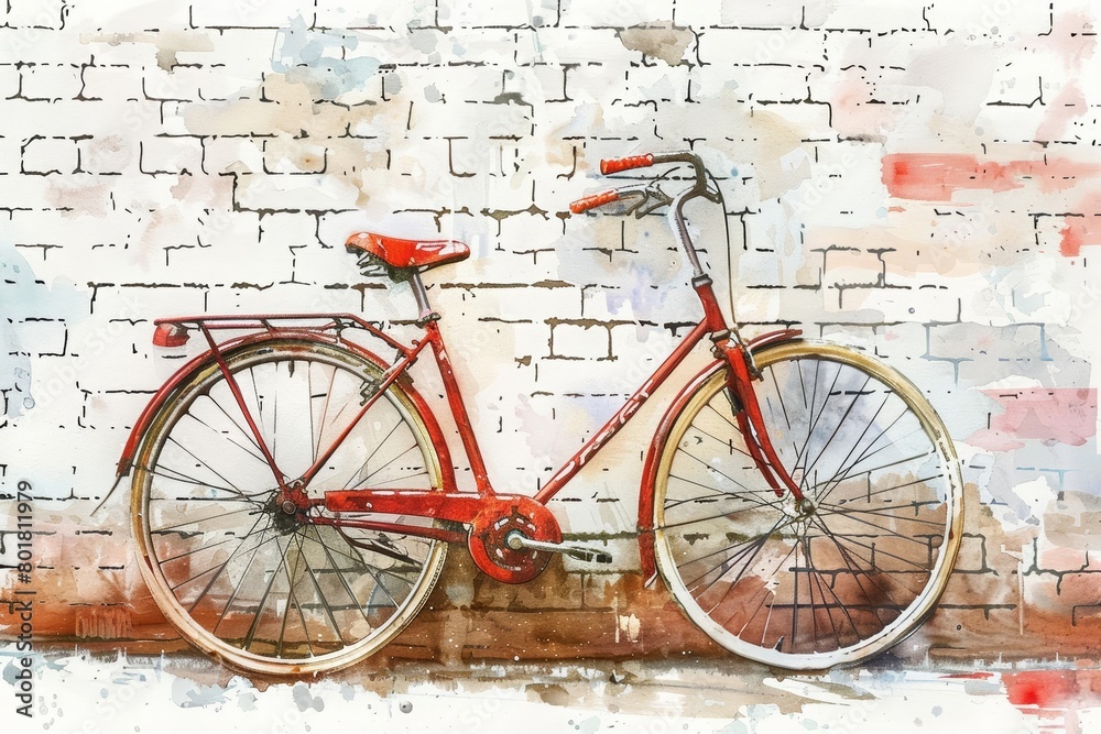A watercolor painting of a vintage bicycle leaning against a brick wall. The bicycle is red with a brown seat and handlebars. The wall is white with red bricks.