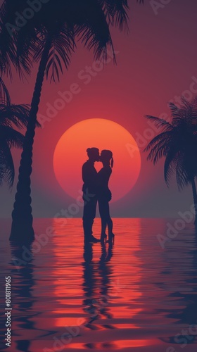 couples kissing under coconut palms at the sunset