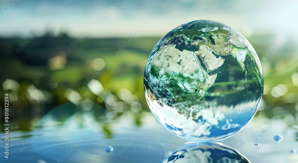 A glass sphere with the Earth inside, floating on water, symbolizing global environmental protection A glass sphere with the Earth inside, floating on water, symbolizing global environmental protection
