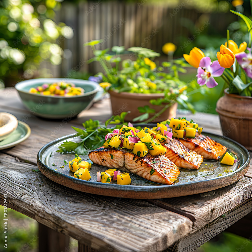 Salmon grilled in a plate placed on wooden table in an outdoor restaurant during spring Salmon grilled in a plate placed on wooden table in an outdoor restaurant during spring