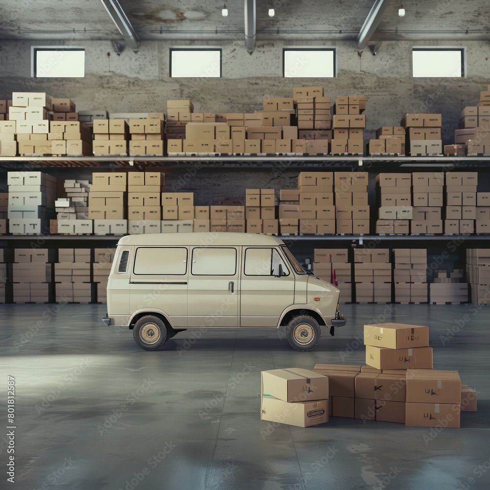 minivan in warehouse full of boxes, white colors minivan in warehouse full of boxes, white colors