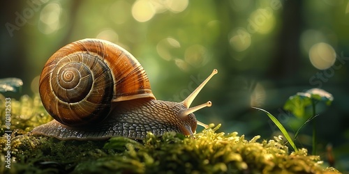A close shot of snail with its spiral shell among nature and a big empty space for text or product advertisement background, Generative AI.