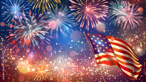 Happy 4th of July Celebration Text with Festive Gold Fireworks in Night Sky ai generative