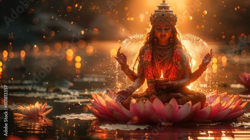 Goddess Lakshmi, seated on a lotus flower, showering coins from her hands, symbolizing prosperity and abundance.