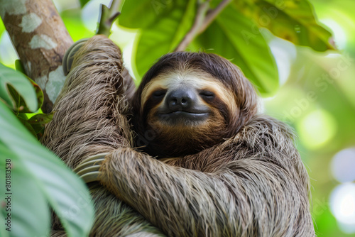 A delightful illustration of a sloth meditating while hanging from a tree branch, with its eyes closed. This unique depiction offers a humorous yet peaceful take on mindfulness