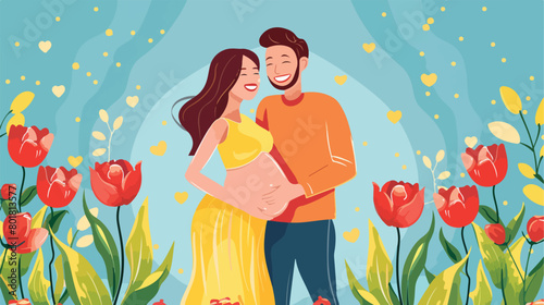 Young pregnant couple with tulips on blue background #801813577