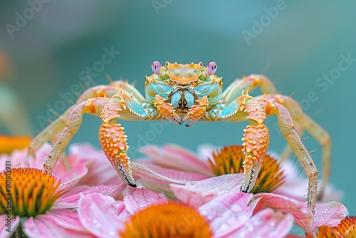 Lovely white spider decorator crab over brightly colored dazzling blooms in an arbor with an idyllic lush green setting and space, Generative AI. photo