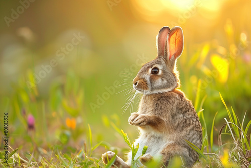 A delightful illustration of a rabbit meditating upright in a quiet meadow. This peaceful image portrays the rabbit in a serene setting, surrounded by soft grass and a tranquil atmosphere