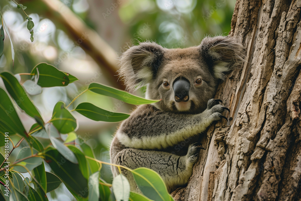 Fototapeta premium A tranquil illustration of a koala meditating calmly while perched in the fork of a eucalyptus tree. This peaceful image captures the essence of serenity and mindfulness, with the koala nestled among 