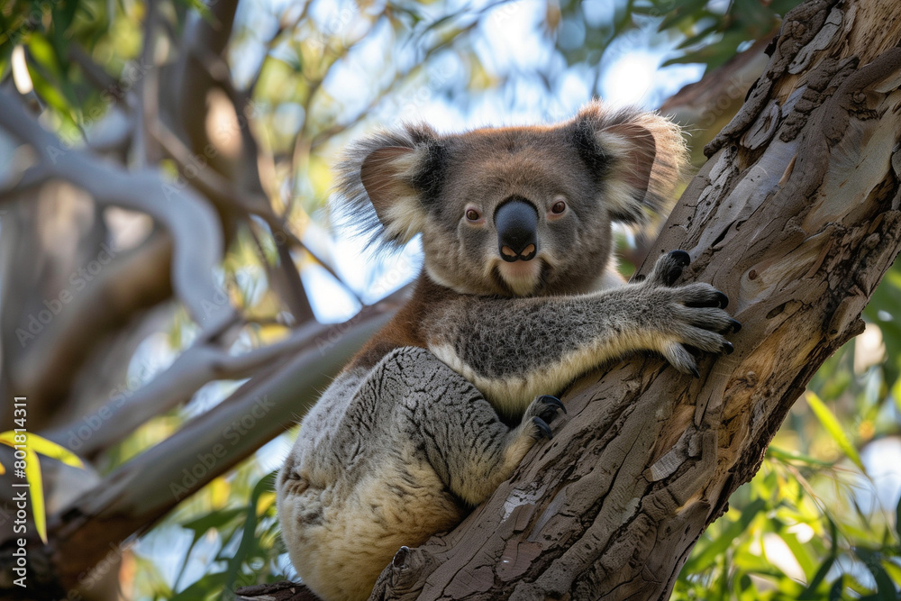 Fototapeta premium A tranquil illustration of a koala meditating calmly while perched in the fork of a eucalyptus tree. This peaceful image captures the essence of serenity and mindfulness, with the koala nestled among 