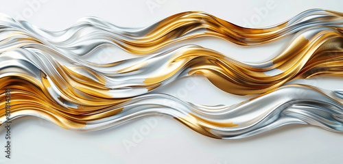 A pristine white surface is covered in abstract waves of molten gold and shimmering silver that flow and entwine, giving off an air of refinement and luxury