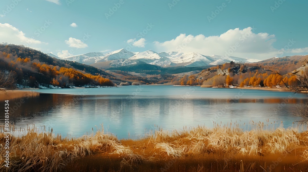 a beautiful lake in front of snowy mountains, in a forest with brown grass and trees on both sides.