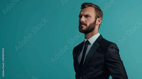 portrait of a business man in a suit standing against a minimalist teal background, with backlighting. generative AI