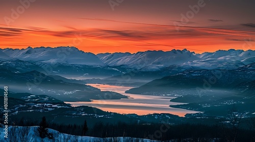 A beautiful sunrise over the Norwegian fjords, with mountains and lakes in view