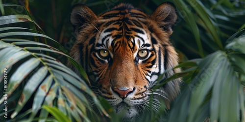 A close shot of an intense tiger gaze through bush of palm leaves and big space for text or product advertisement  Generative AI.