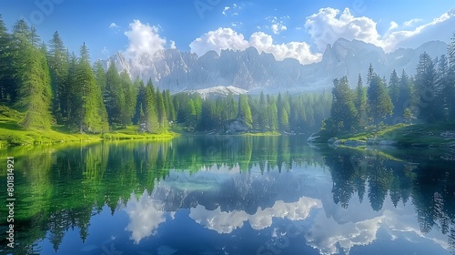 a cabinet lake in the Dolomites, green pine trees around the water with a clear blue sky and white clouds, high mountains behind it