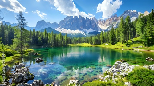 a cabinet lake in the Dolomites, green pine trees around the water with a clear blue sky and white clouds, high mountains behind it photo